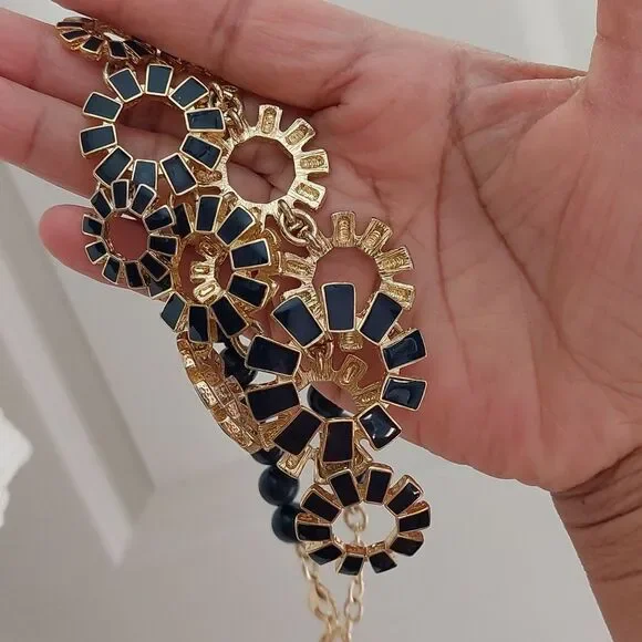 Talbots Gold Tone and Navy Blue Enameled Sunburst and Beads Statement Necklace - Picture 6 of 6